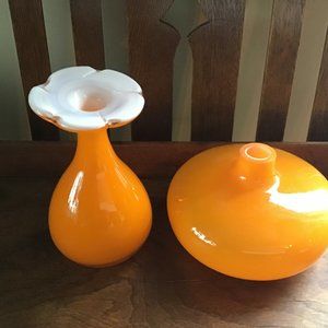 Art Glass Hand Blown Bud Vases Orange and White Glass
